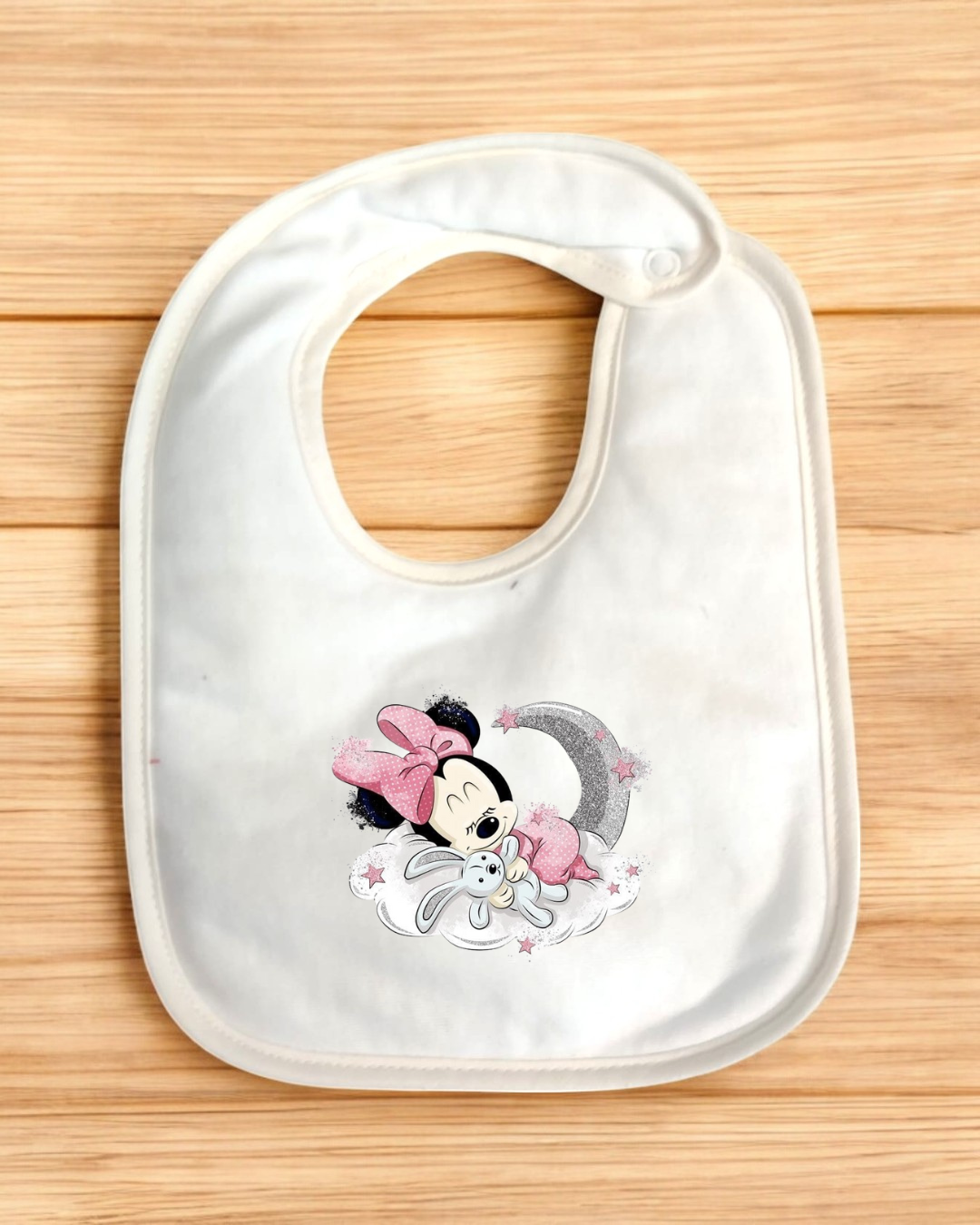 Babete branco com estampado da Minnie Mouse em rosa e cinzento