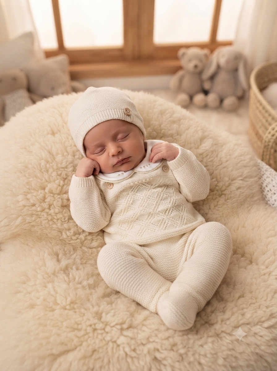 Bebé com conjunto de malha creme e gorro a dormir numa almofada felpuda creme
