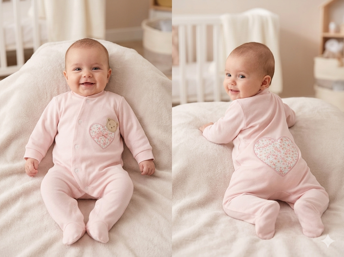 Pijama de bebé cor-de-rosa com estampas de coração floral e bordado de ursinho