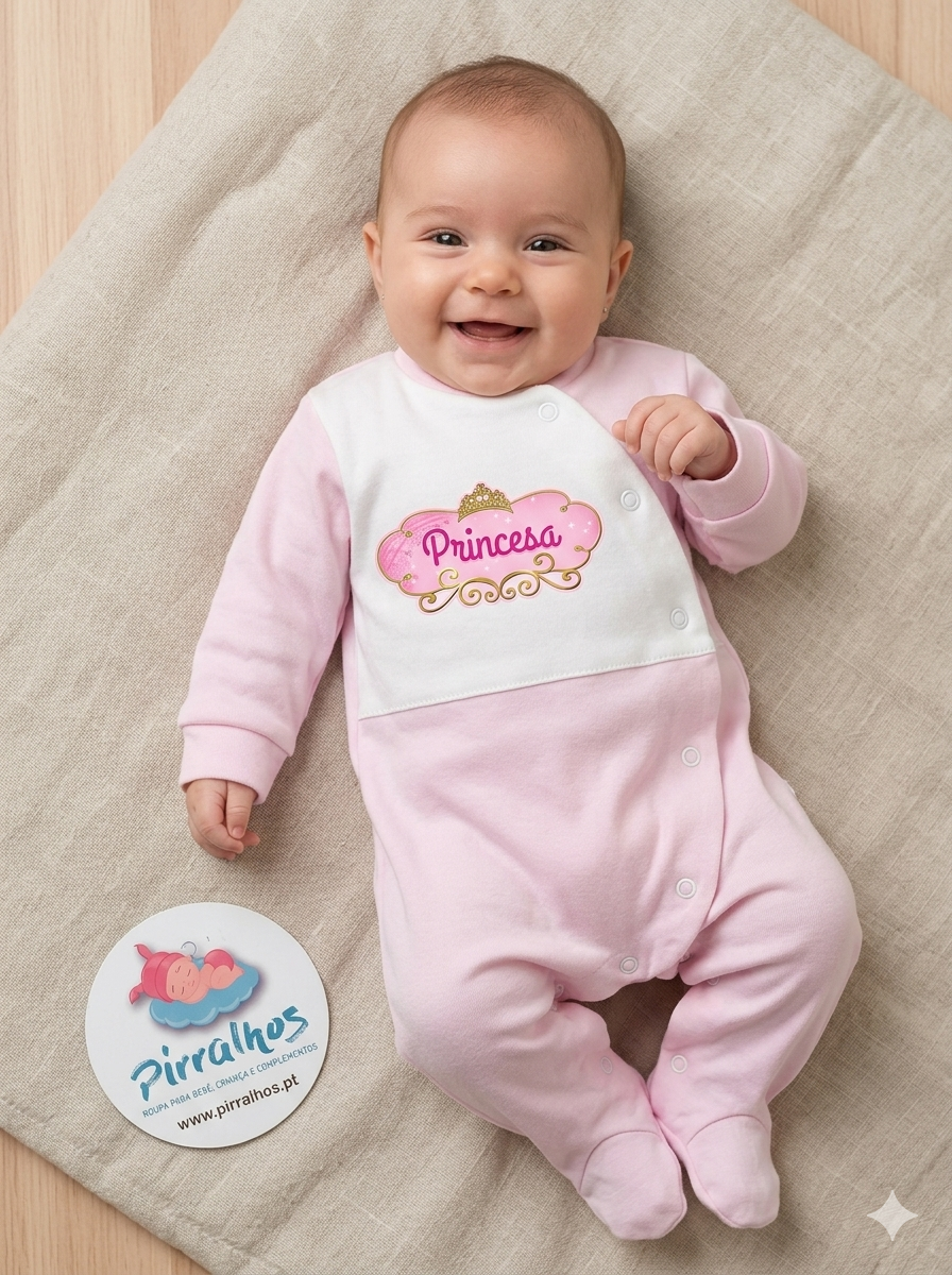 Bebé deitada com macacão rosa e branco com a palavra Princesa e etiqueta Pirralhos no chão.
