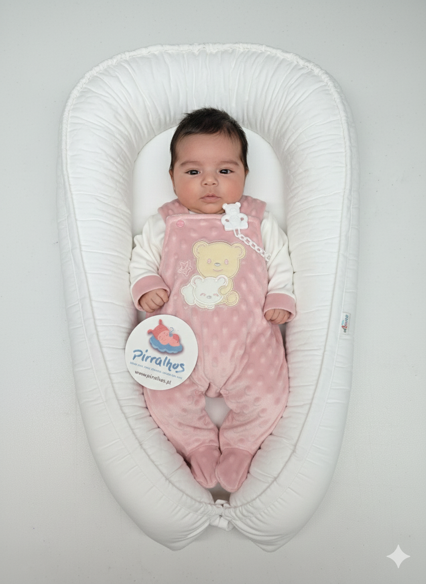 Bebé de pijama rosa com ursinhos bordados deitado numa almofada branca acolchoada