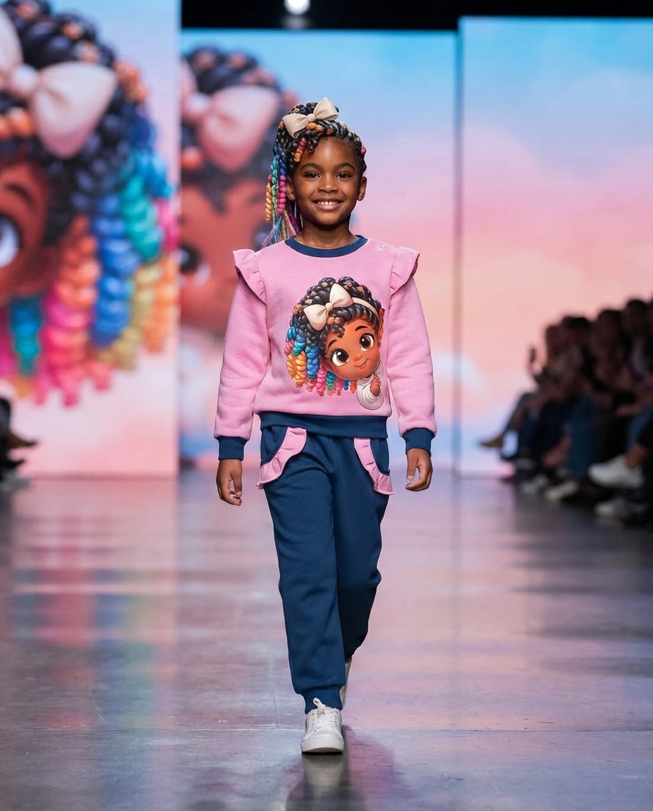 Conjunto criança rosa e azul com estampa de personagem animada colorida, desfilando na passarela.