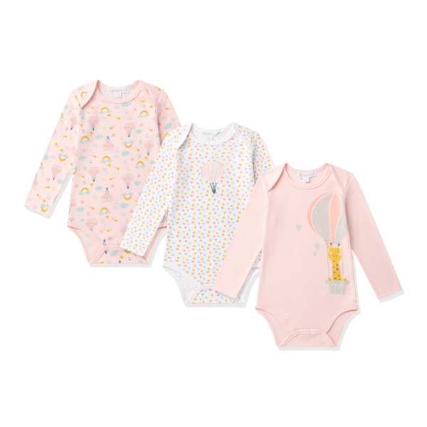 Três bodies de bebé rosa e branco com desenhos e manga comprida