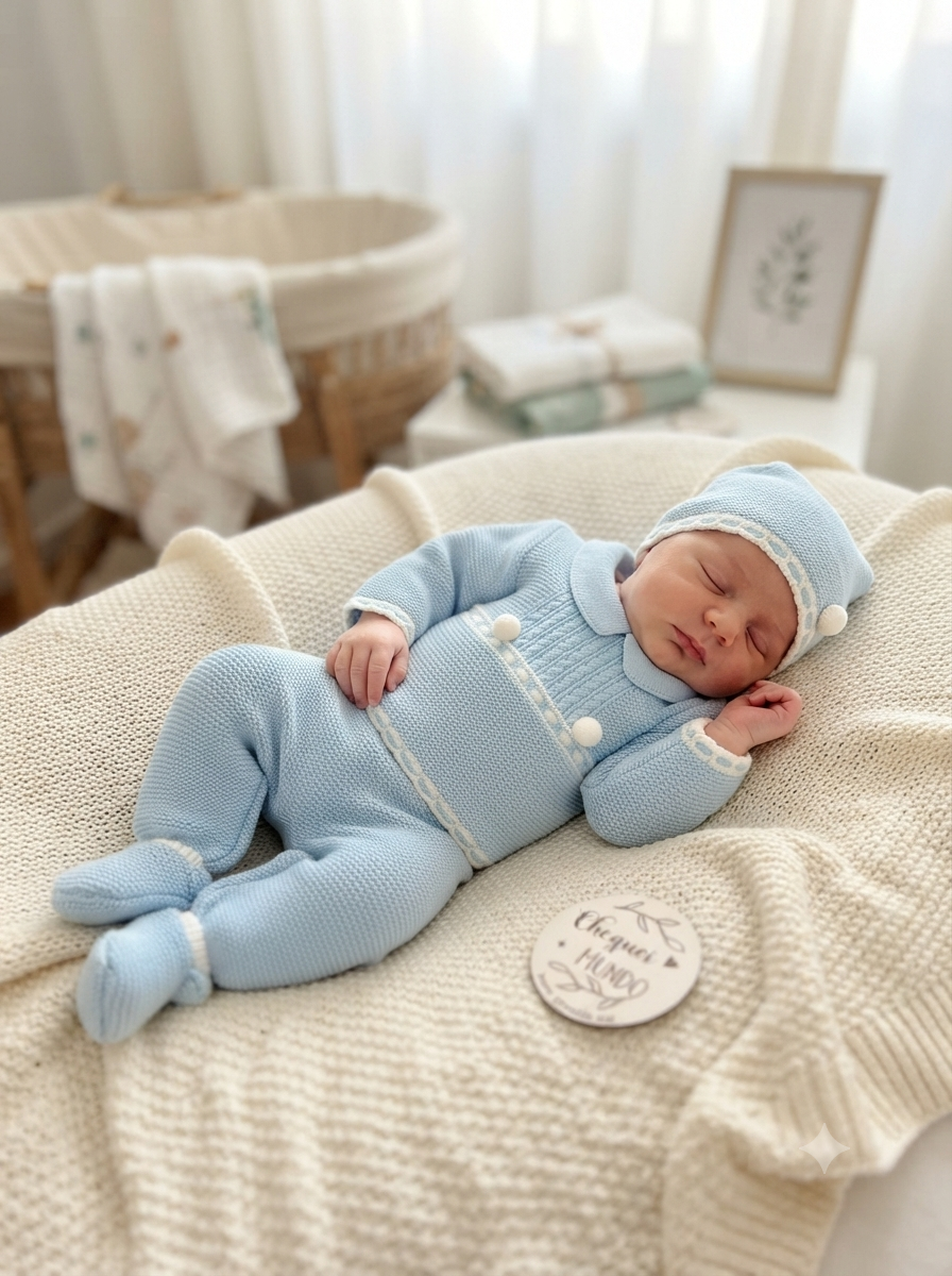 Bebé recém-nascido com roupa azul de malha e chapéu, deitado em manta bege com placa Cheguei HAND MADE ao lado