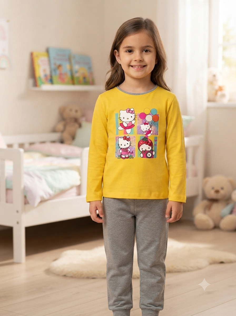 Criança com camisola amarela da Hello Kitty e calças cinzentas em quarto infantil