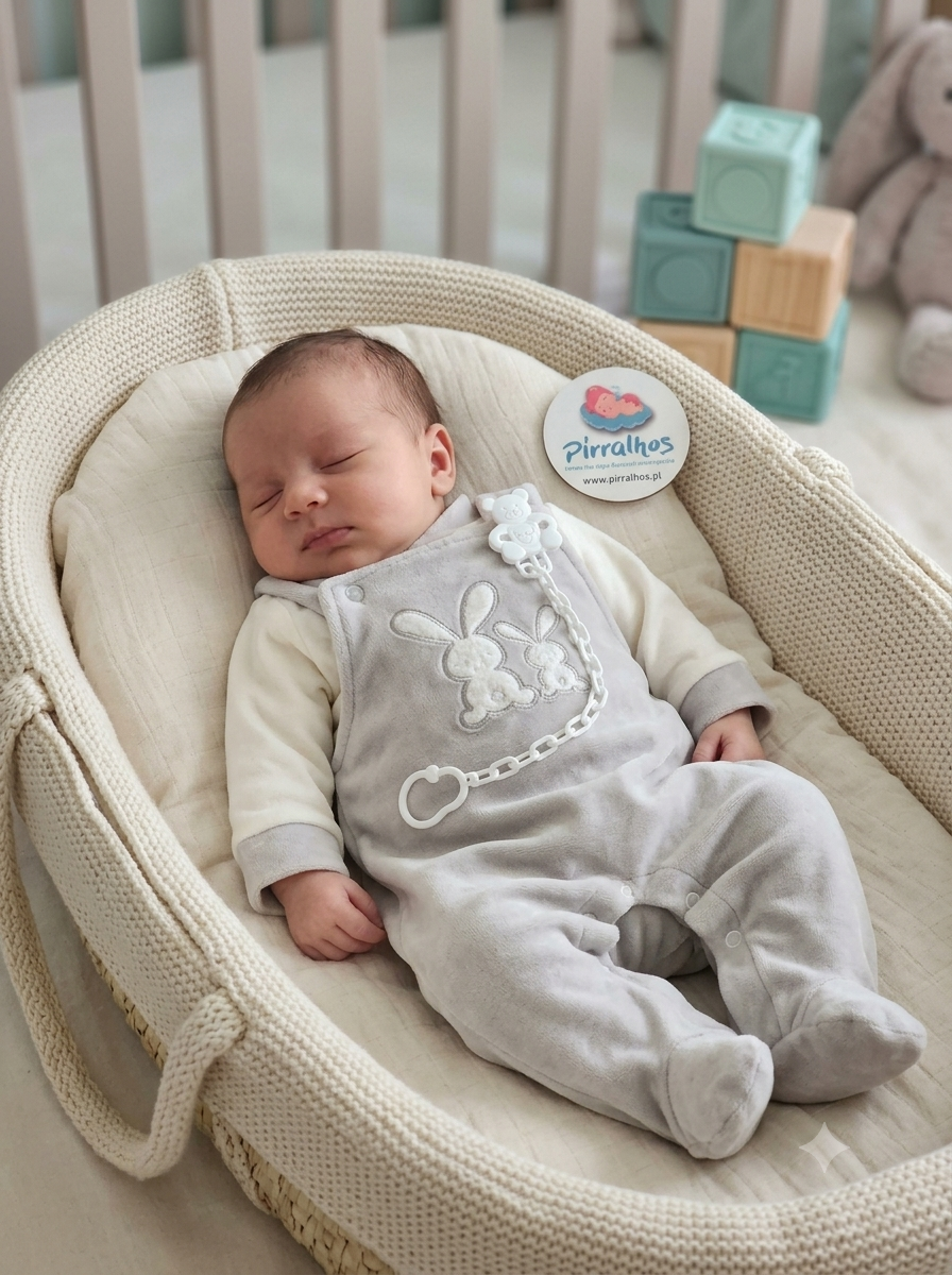 Bebé a dormir num moisés com babygrow cinza e decoração de coelho
