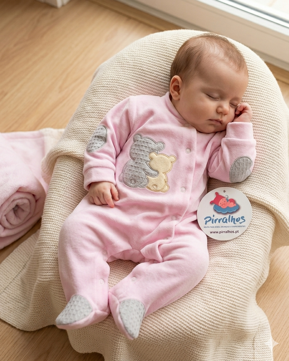 Bebé com macacão rosa com ursinhos, numa almofada bege acolchoada.