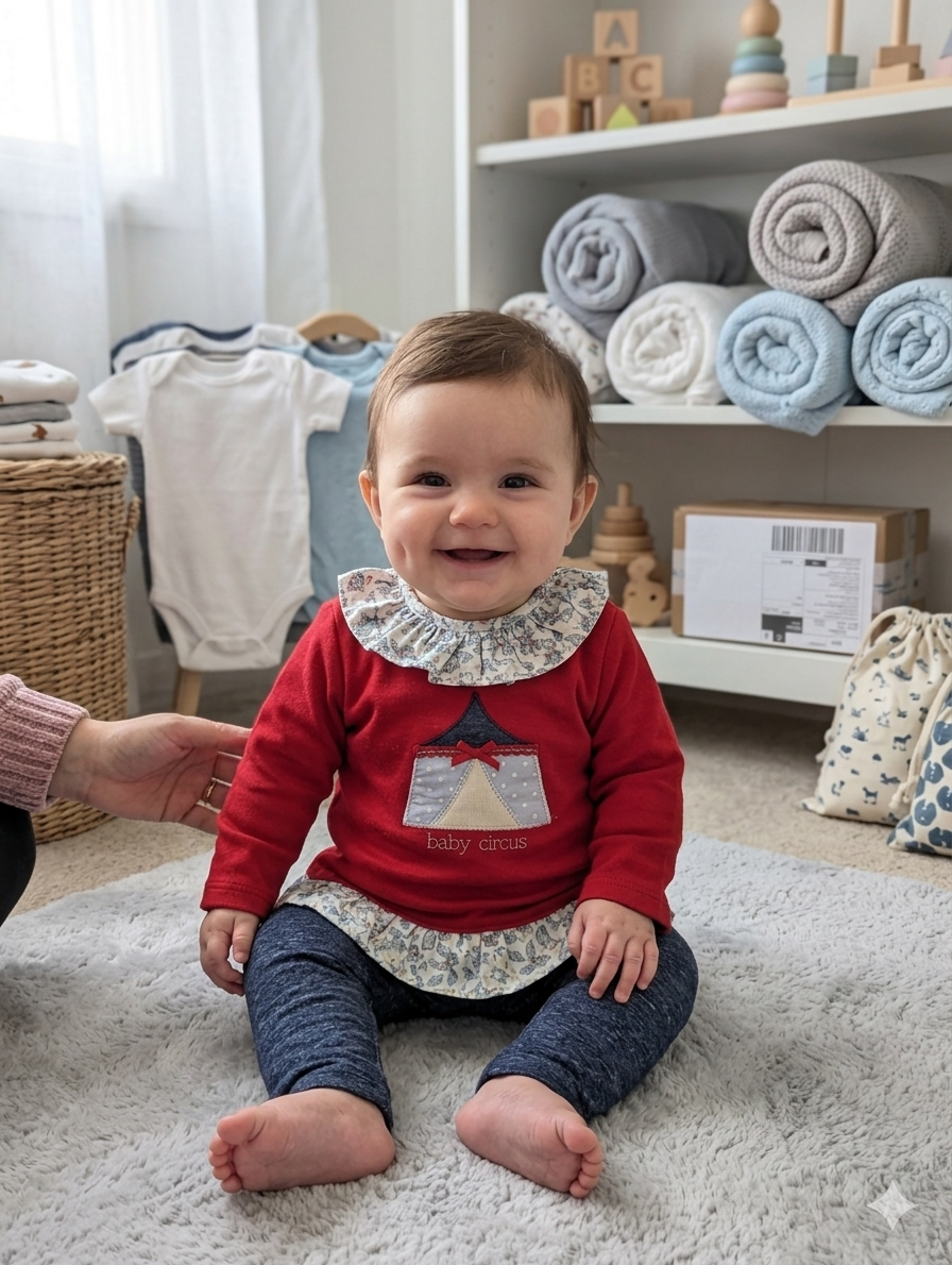 Bebé sorridente sentado em tapete cinzento com roupa vermelha e azul