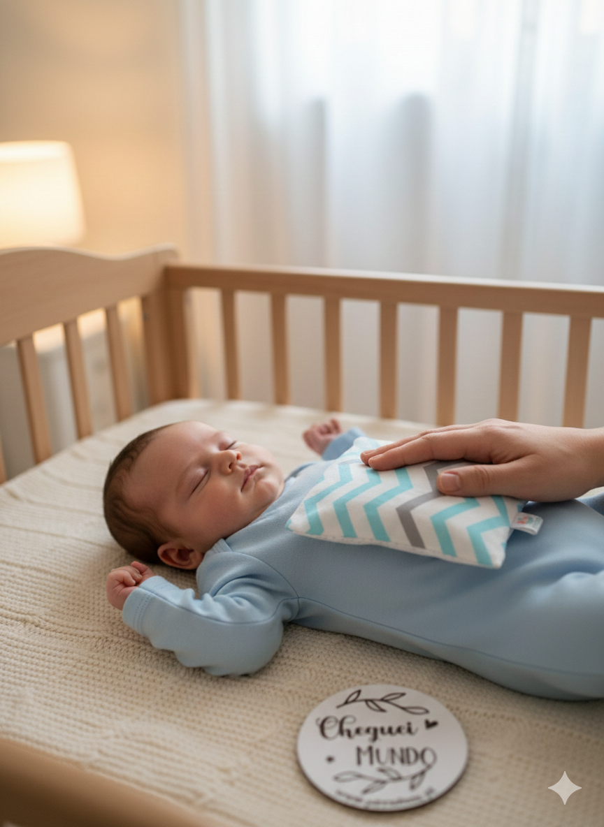 Bebé deitado em cama de madeira com saco de tecido e cartão redondo