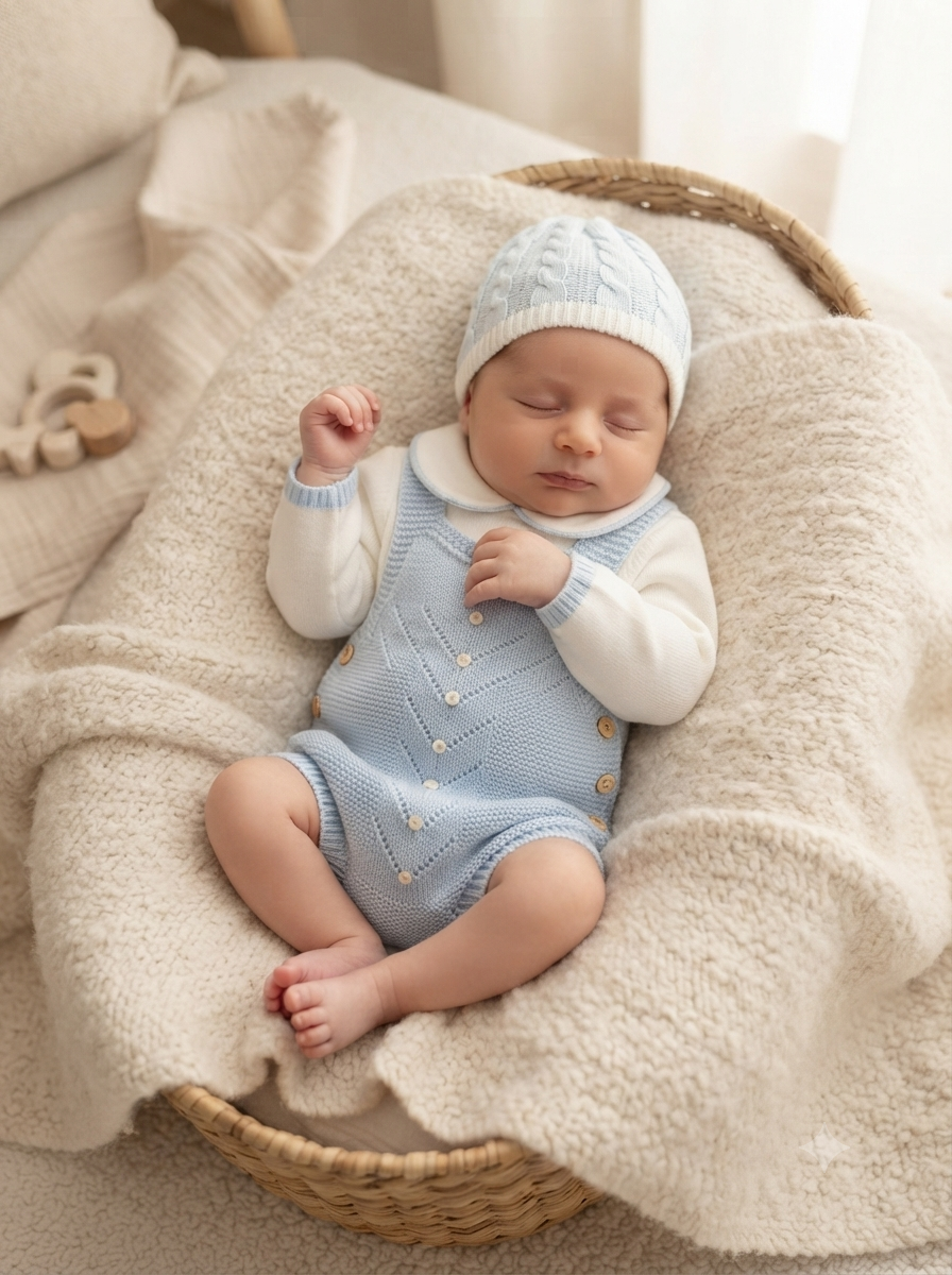 Bebé vestido com conjunto de malha azul clara e branca deitado numa cesta com manta felpuda bege.
