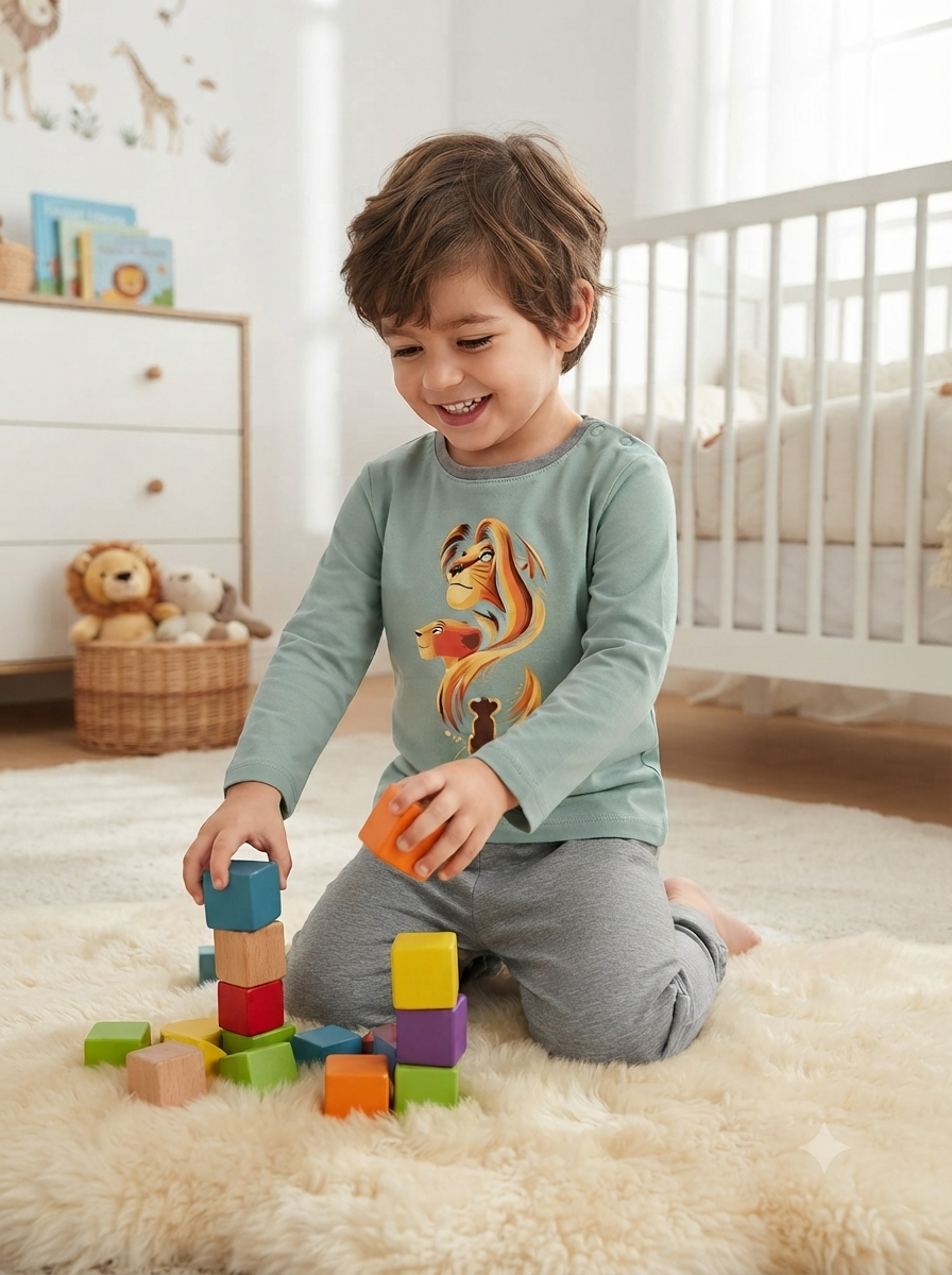 Menino a brincar com blocos coloridos vestindo camisola verde com estampa de desenhos animados e calças cinza em quarto de criança