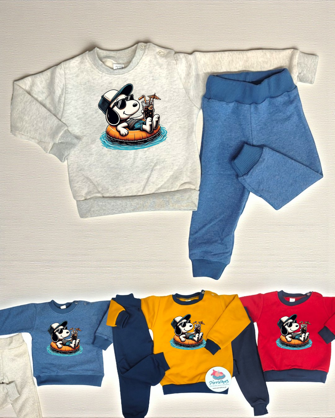 Conjunto infantil com camisola de cão a relaxar e calças azuis, disponível em várias cores.