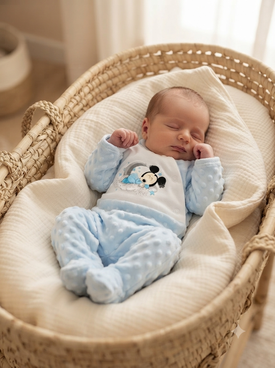 Bebé a dormir numa minicama de verga com fato azul de bolinhas e desenho do Mickey Mouse