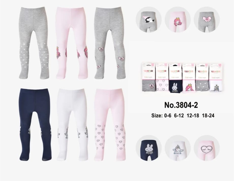 Leggins para bebés em várias cores e padrões, embalagens e etiquetas visíveis