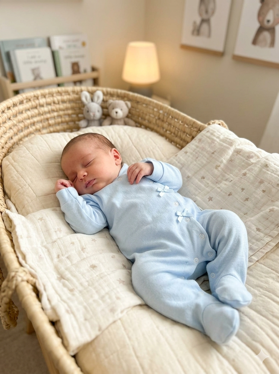 Bebé a dormir numa cama de verga com colcha bege e macacão azul claro