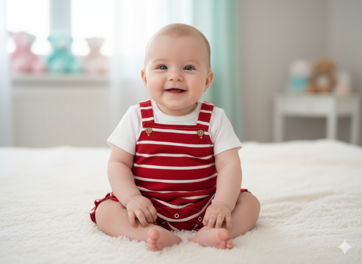 Bebé com babygrow vermelho às riscas sentado num colchão branco