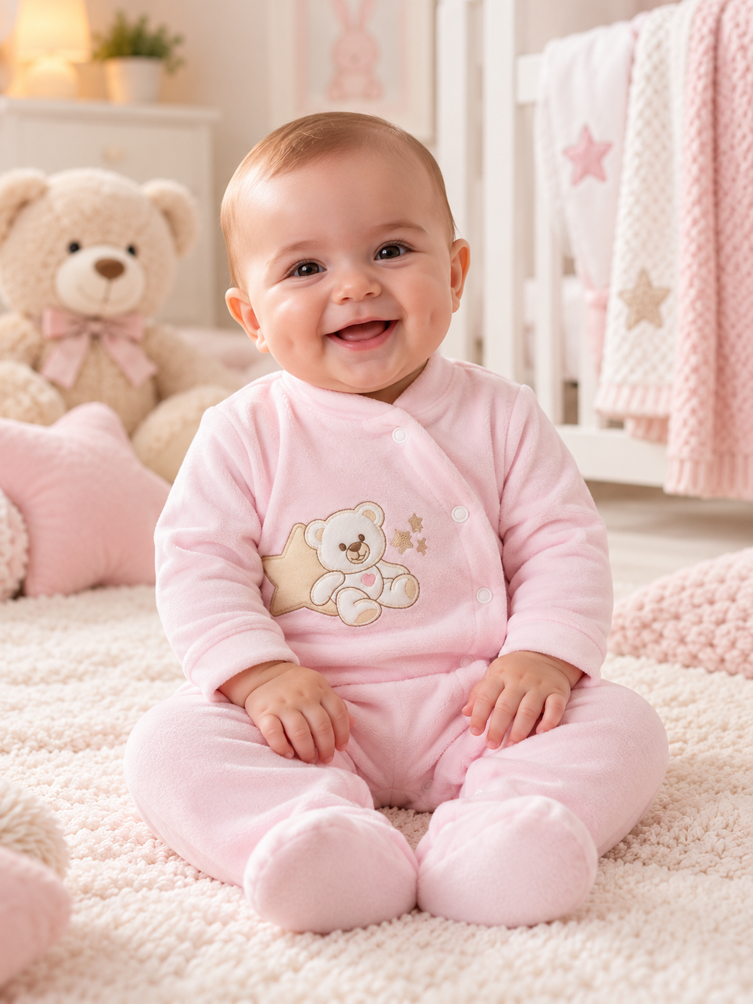 Bebé sorridente com pijama rosa e ursinho bordado sentado em tapete felpudo