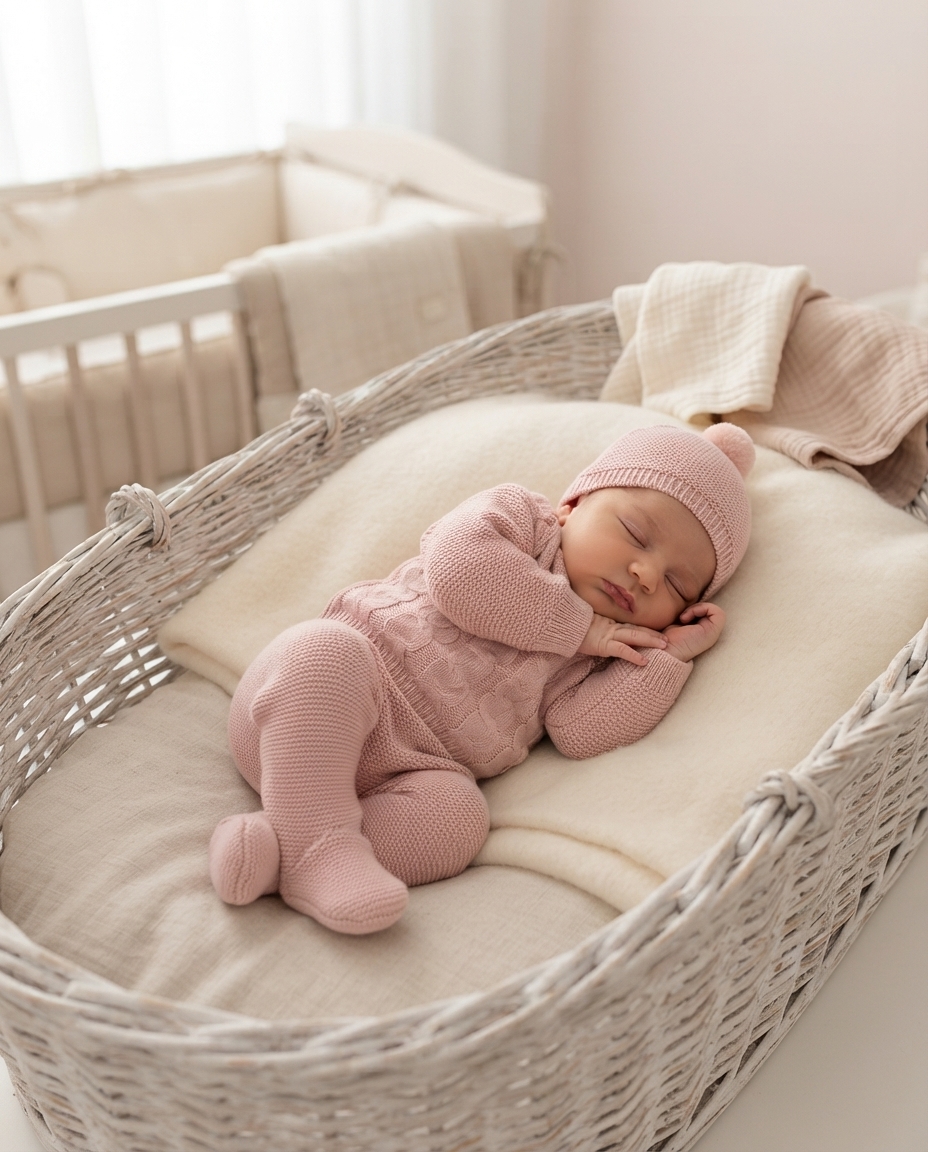 Bebé a dormir em cesta de vime com roupa de malha rosa.