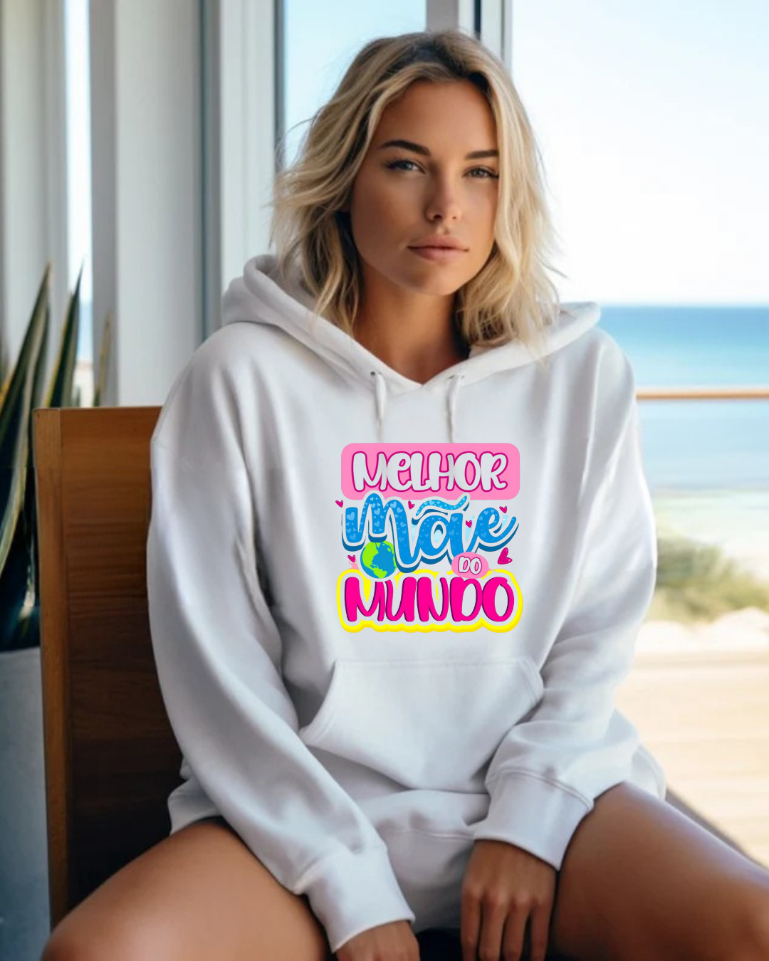 Mulher com sweatshirt branca com capuz e estampa colorida 