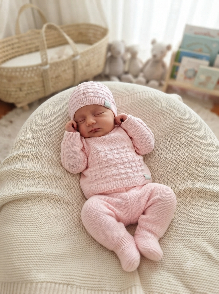 Bebé dormindo com roupa de malha rosa clara e gorro, em almofada bege
