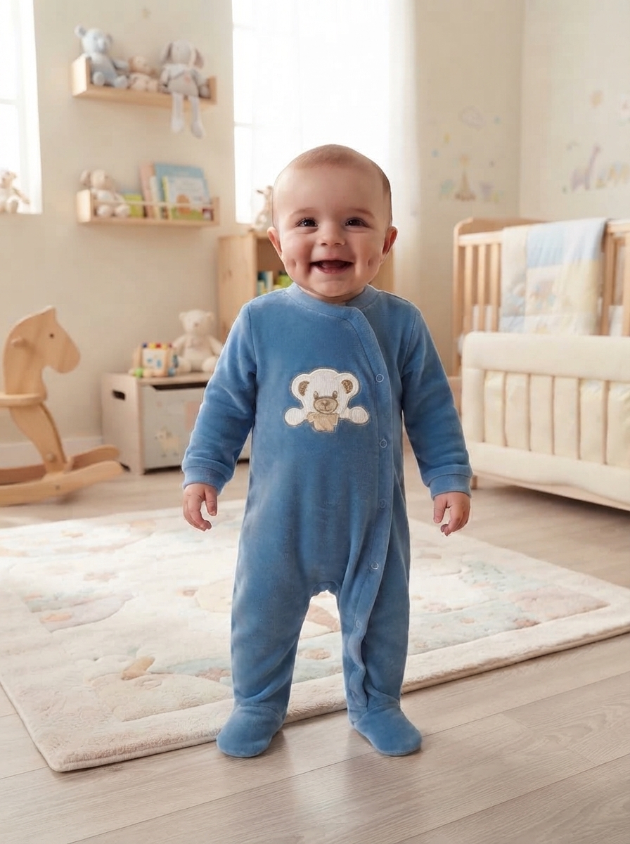 Bebé a sorrir vestido com macacão azul com ursinho bordado em quarto infantil