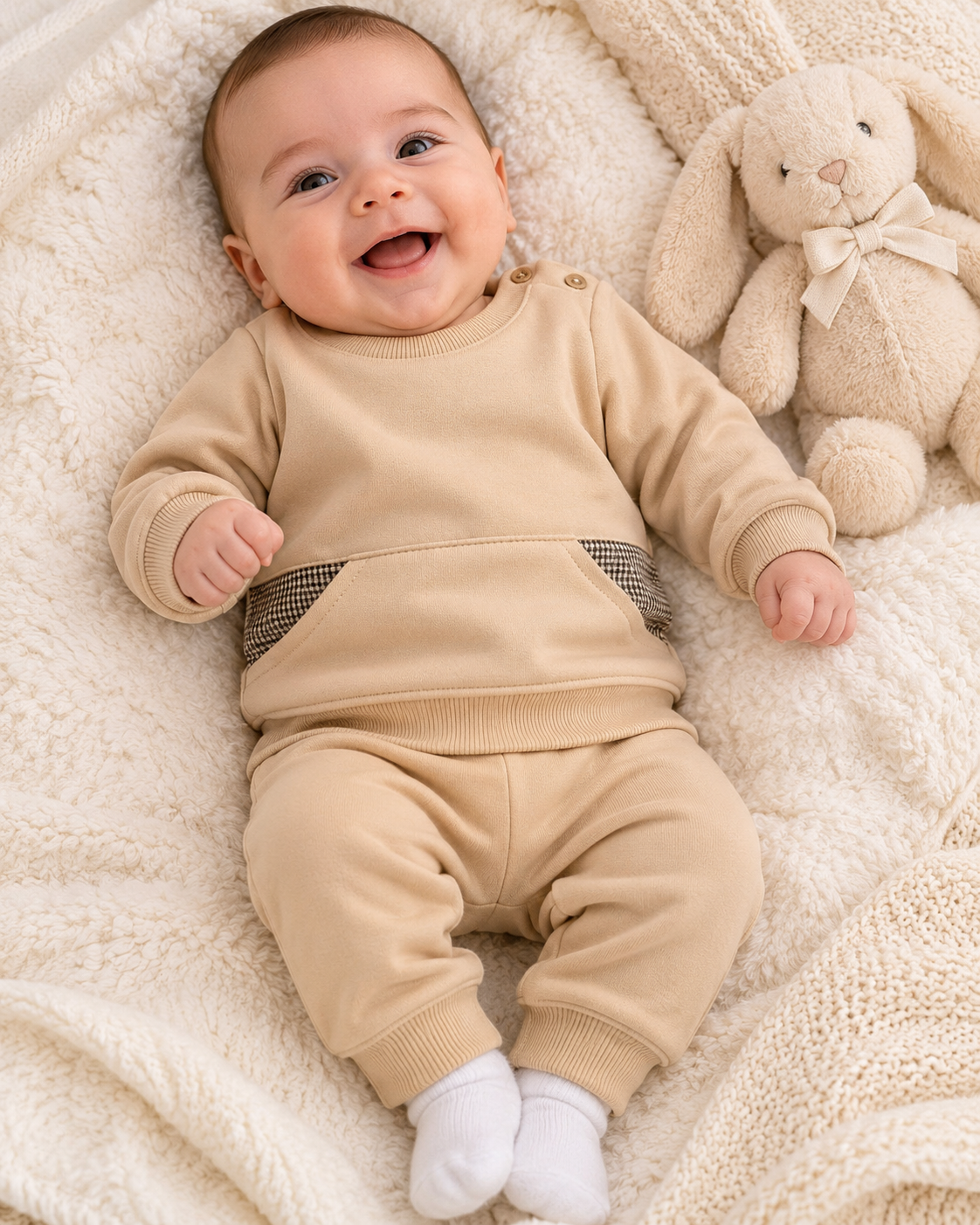 Bebé com roupa bege e peluche de coelho