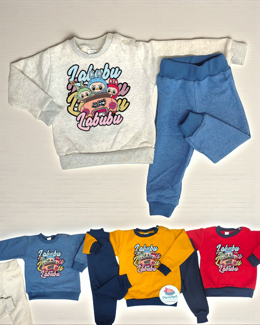 Conjunto infantil com sweat colorido e calças, estampado 'Labubu'