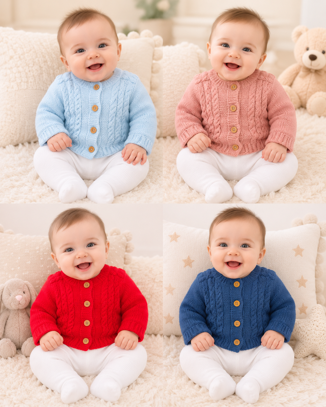 Bebés com cardigans de malha de várias cores sentados em ambiente acolhedor com almofadas e peluches.