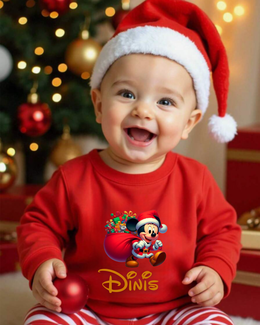 Bebé com pijama de Natal vermelho com Mickey Pai Natal e gorro vermelho e branco