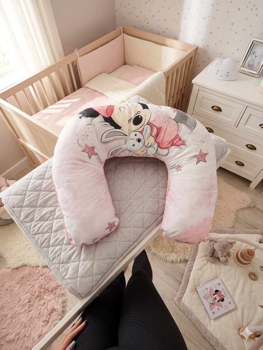 Almofada amamentação rosa com estampa Minnie Mouse no quarto de bebé