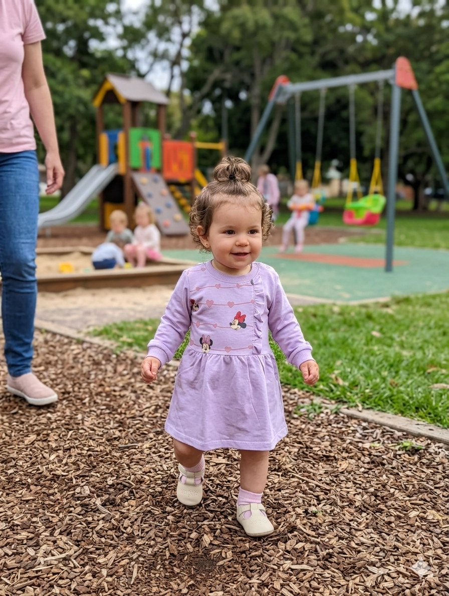 Menina pequena com vestido lilás num parque infantil com escorrega e baloiços