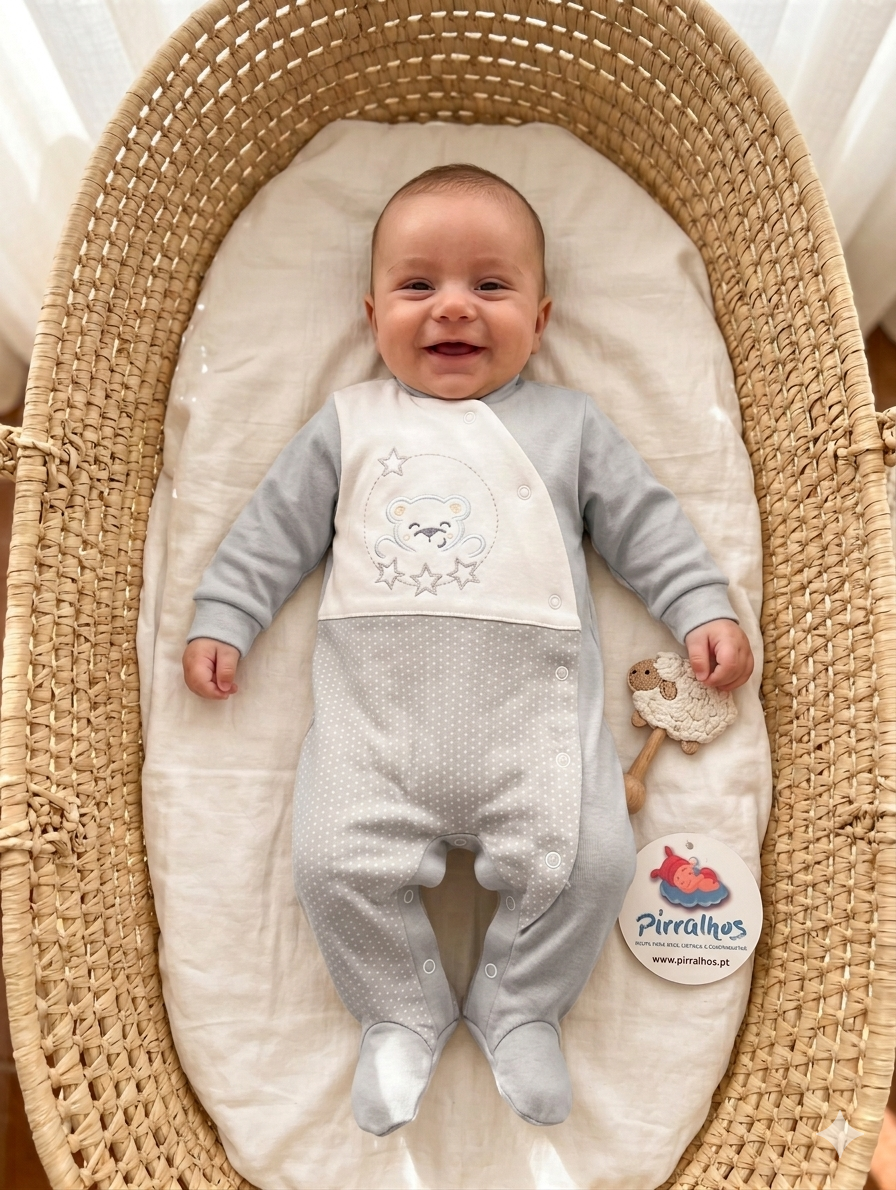 Bebé numa alcofa com vestido cinza e branco e chocalho de ovelha