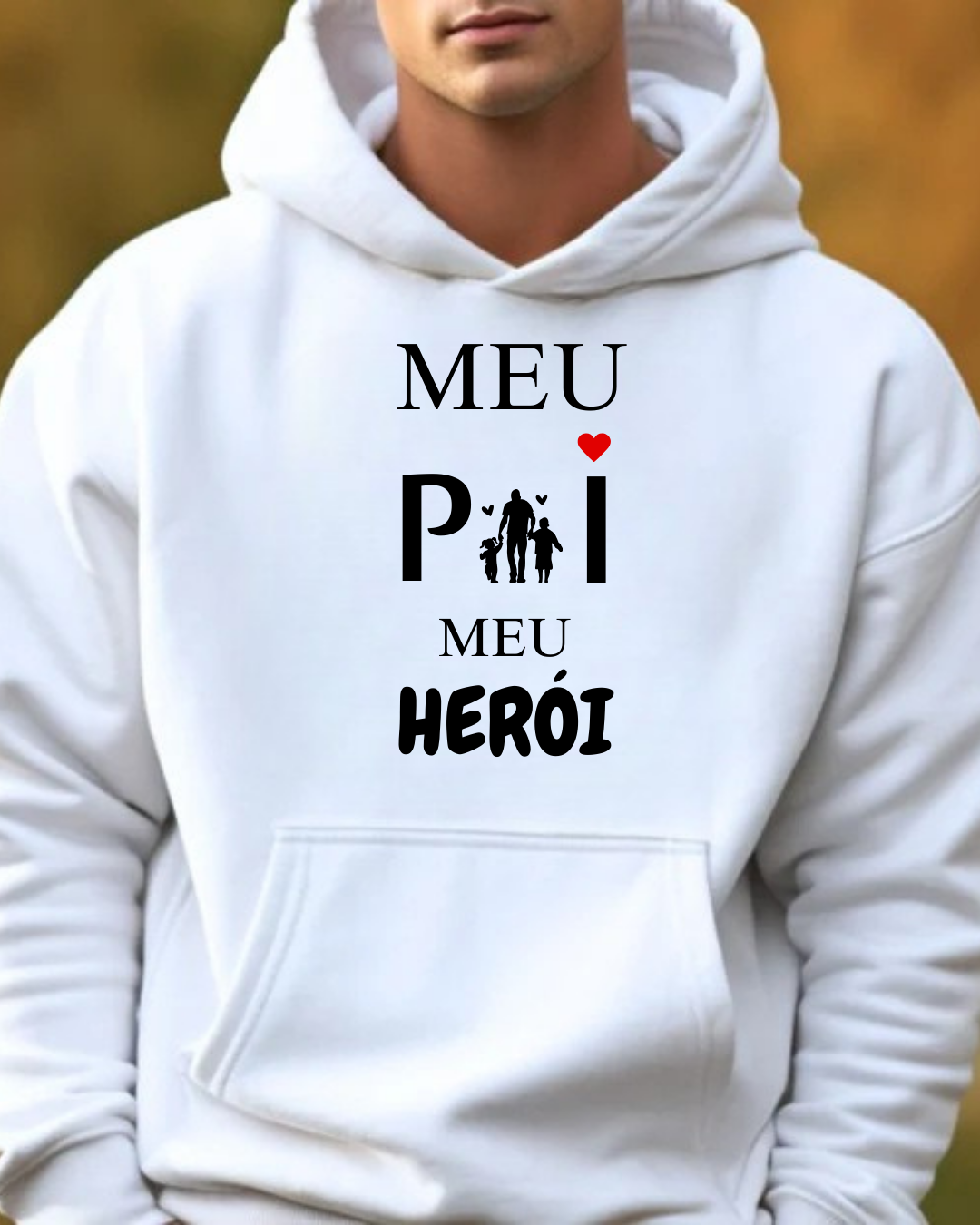 Sweatshirt branca com estampado 'MEU Pai MEU HERÓI' e detalhes em silhueta e coração vermelho