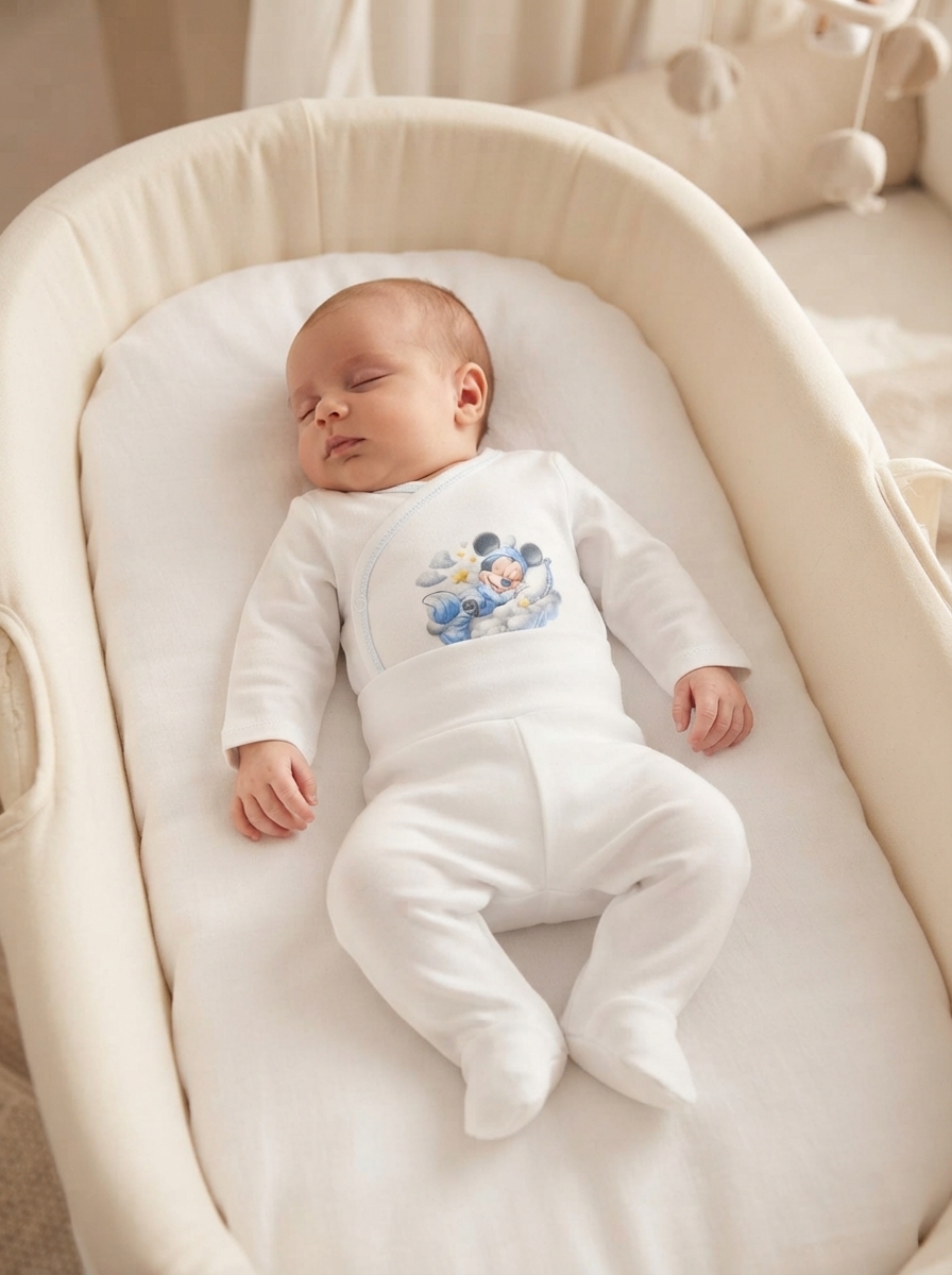 Bebé a dormir num berço creme com pijama branco e estampado do Mickey azul.