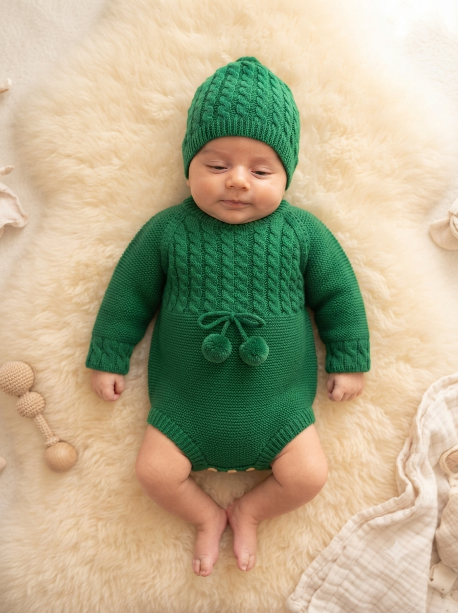 Bebé com fato e gorro de malha verde deitado sobre tapete macio