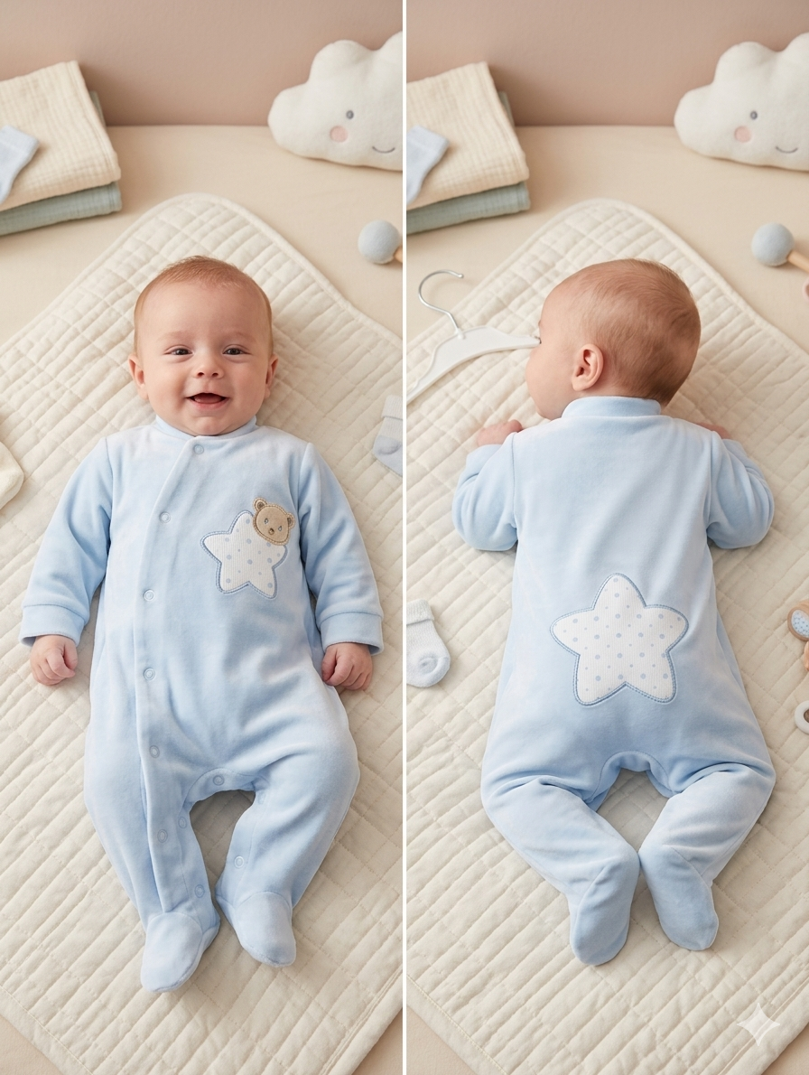 Bebé com pijama azul claro com estrela e urso em manta creme