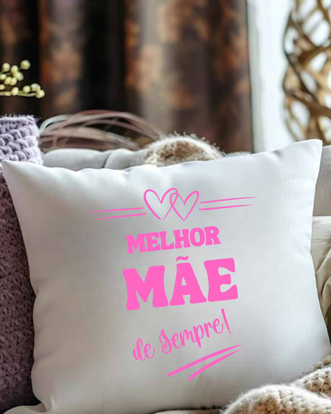 Almofada branca com texto cor-de-rosa MELHOR MÃE de Sempre!