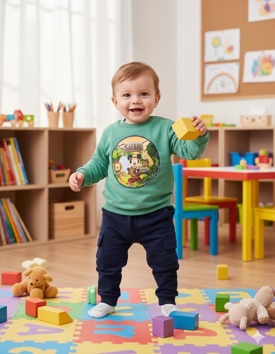 Criança a sorrir com camisola verde e calças azuis, segurando bloco amarelo em sala de jogos colorida