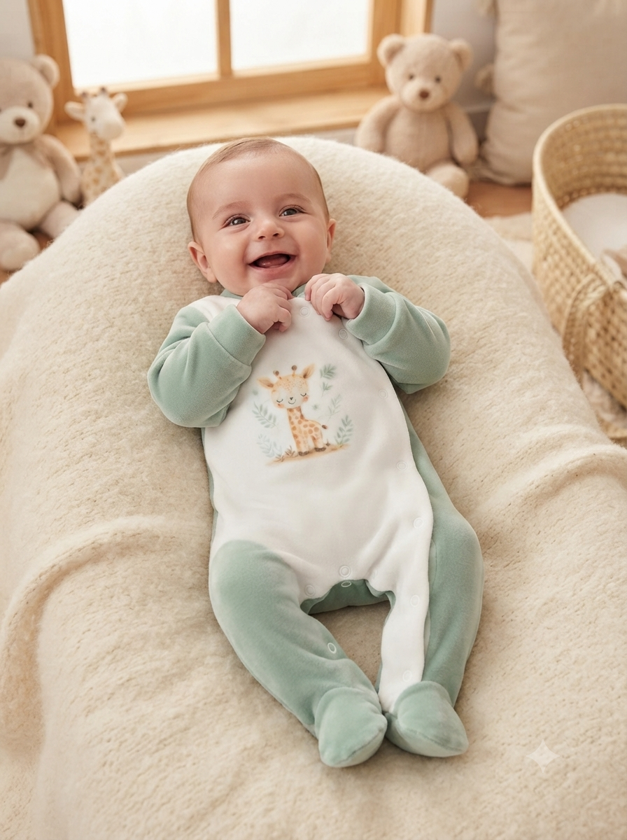 Bebé sorridente deitado com macacão verde e branco com estampa de girafa numa almofada cremosa, rodeado de peluches e cesto de ráfia.
