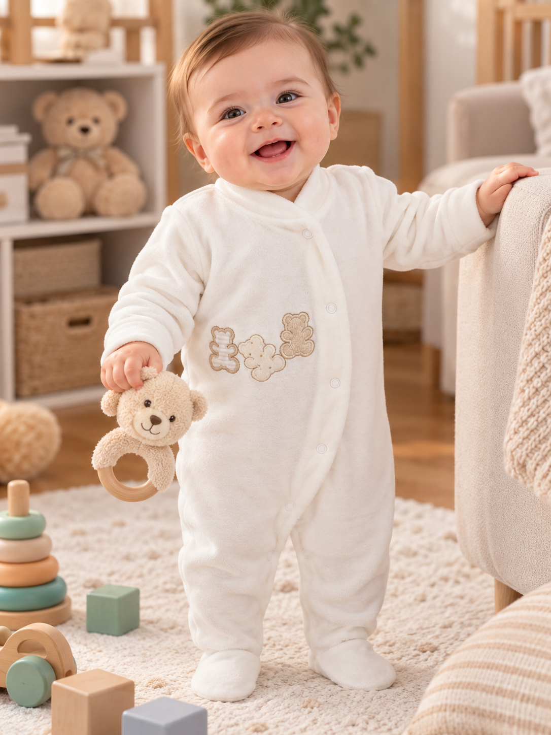 Bebé com fato de pijama branco e brinquedo de urso