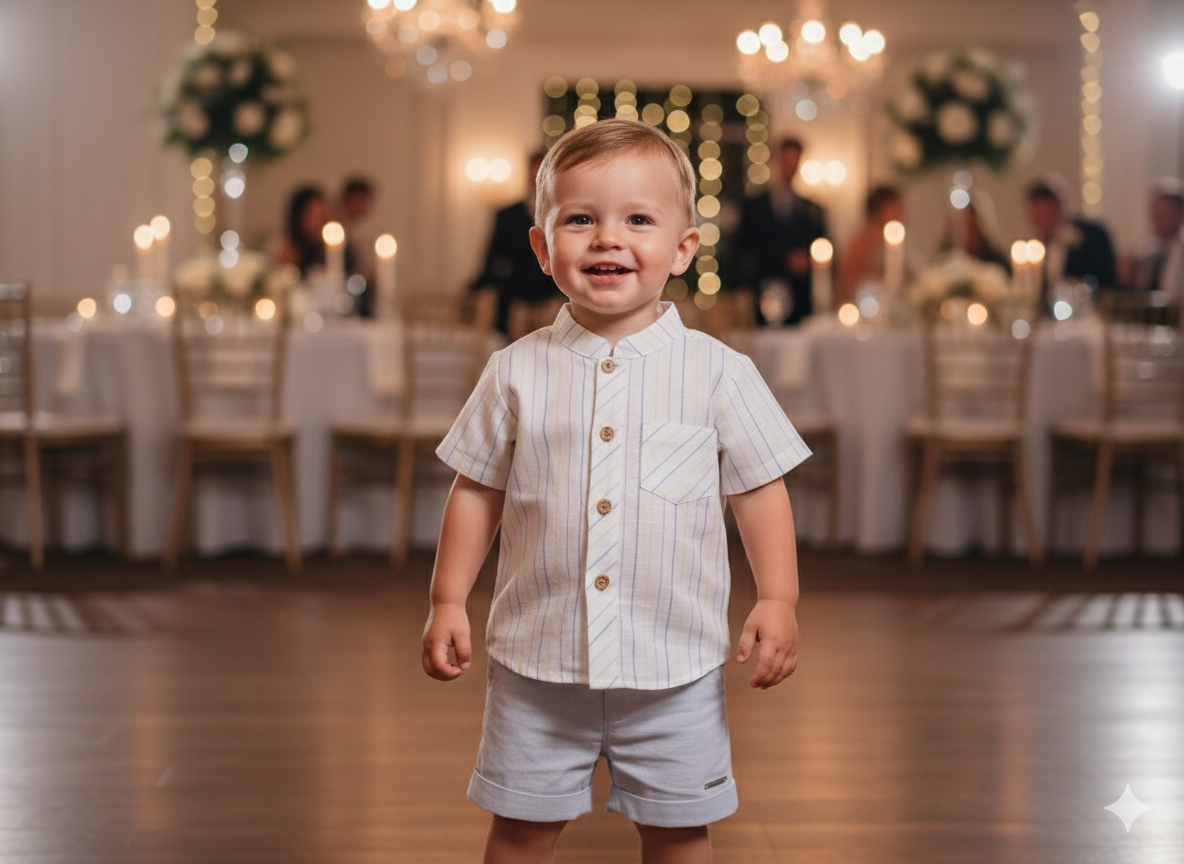 Menino com camisa de manga curta às riscas e calções brancos numa festa