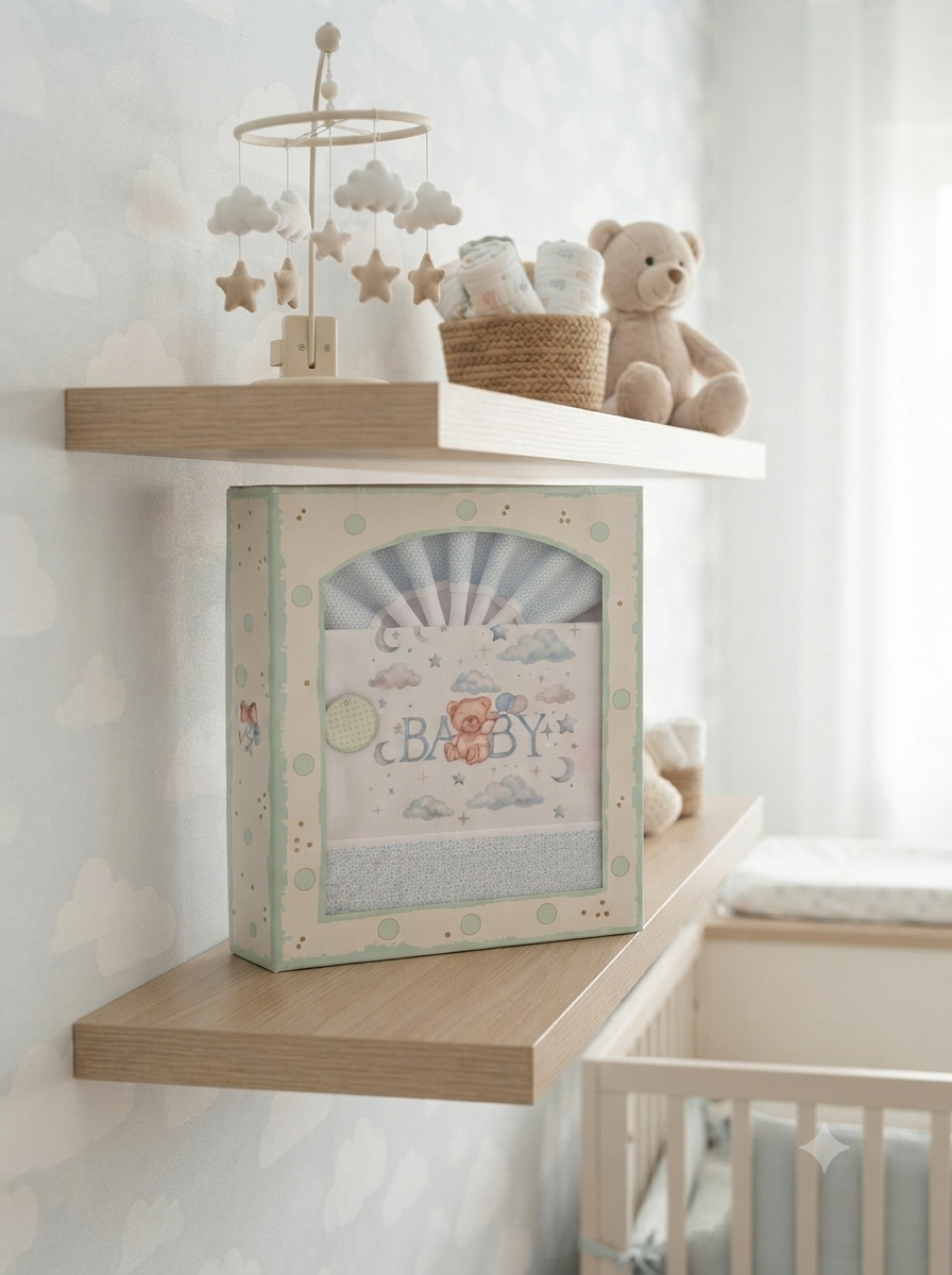 Prateleiras com itens de bebê incluindo móbile, fraldas, urso de pelúcia e caixa decorativa