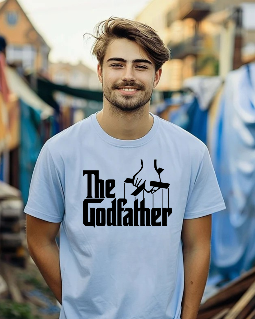 Camiseta branca com estampa preta 'The Godfather' usada por jovem ao ar livre