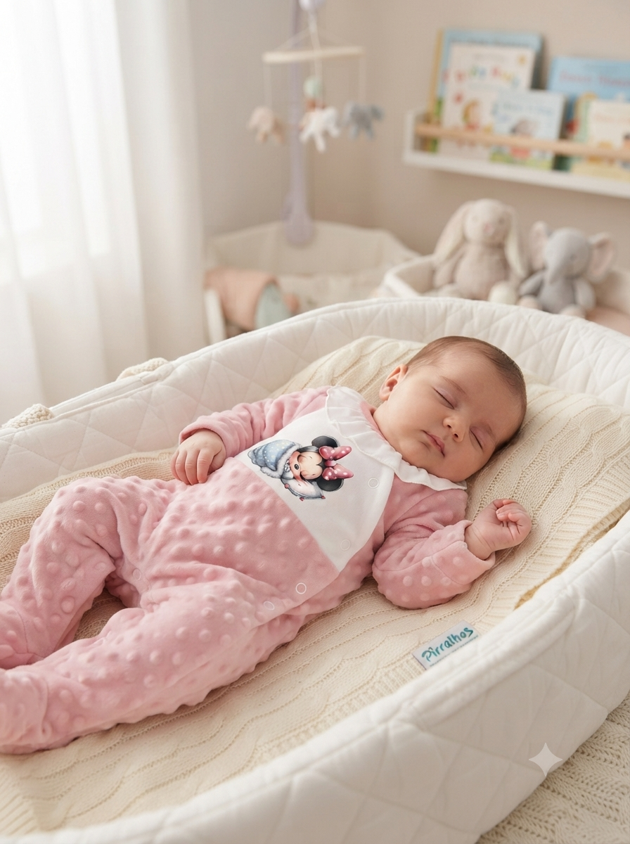 Bebé a dormir vestido com pijama rosa e Minnie Mouse num colchão acolchoado branco