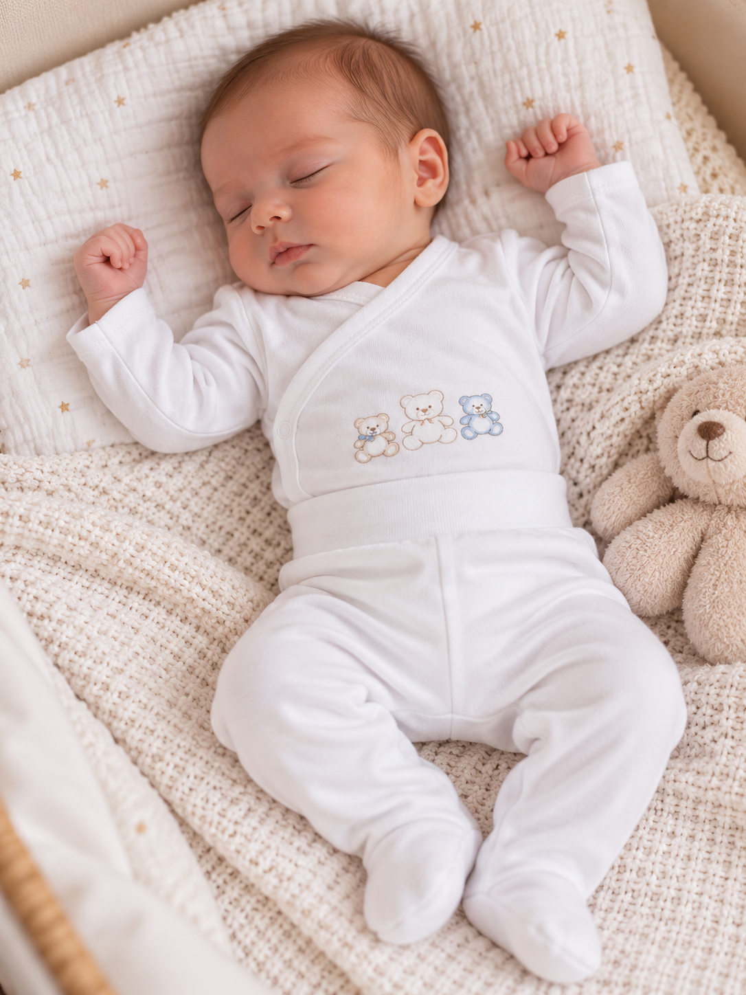 Bebé a dormir com pijama branco e ursinhos bordados, sobre mantas claras, com peluche de urso ao lado.