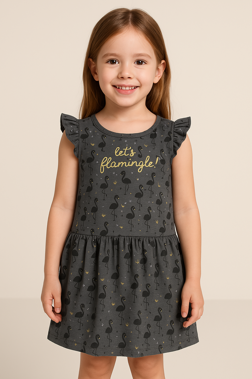 Vestido para menina cinzento com flamingos e texto 'let's flamingle!'