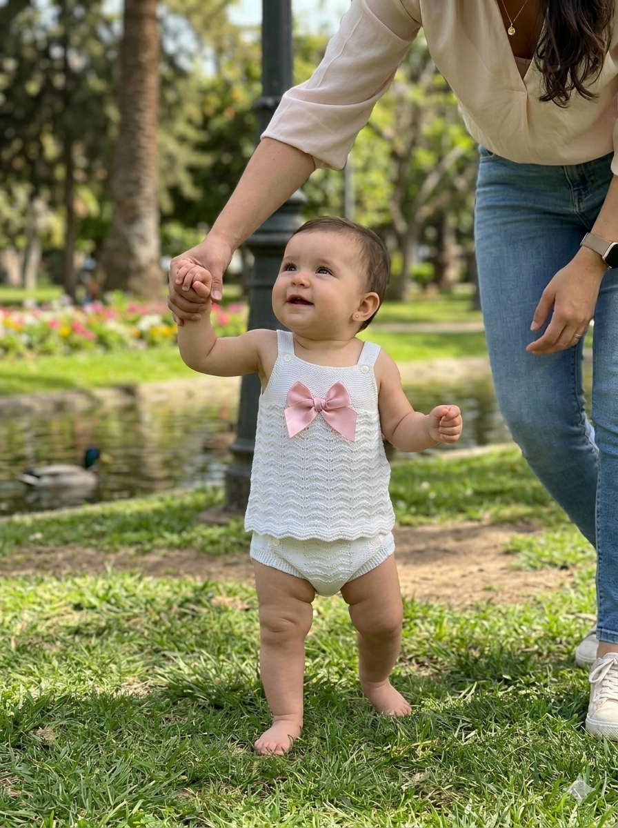 Roupa de bebé branca em malha com padrão ondulado e laço rosa