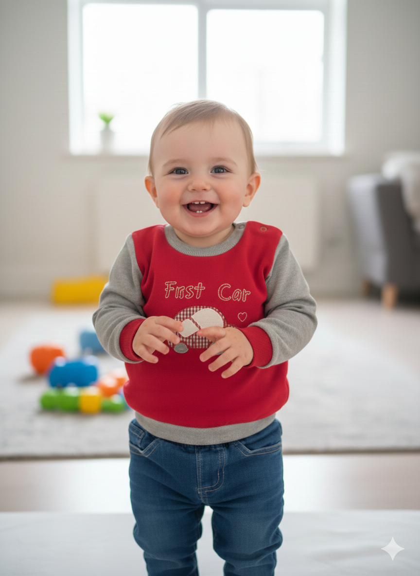 Bebé com camisola First Car e calças de ganga azuis em interior com brinquedos ao fundo