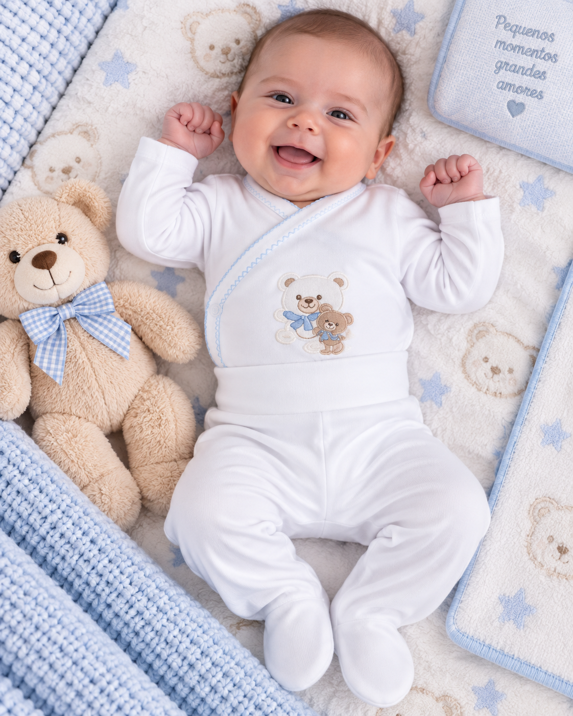 Bebé numa manta com ursinhos e estrela, vestido com macacão branco bordado, ao lado de ursinho de peluche.
