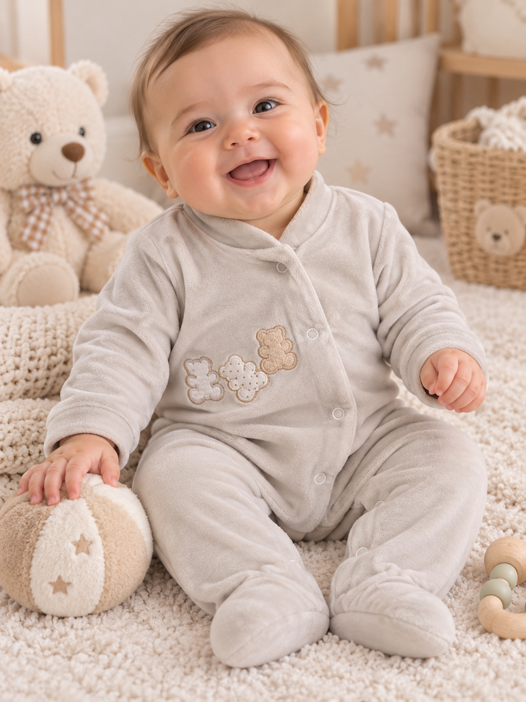 Bebé sorridente com pijama cinza claro e ursinhos bordados, sentado em ambiente aconchegante com brinquedos e peluches.